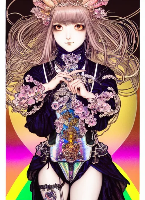 Image similar to highly detailed terada katsuya ayami kojima atrstation manga poster of princess mechine, rainbow gradient reflection, cute face by artgerm, long hair, armor, dress, laces, ruffles, 8 k, maximalist,, jump comics, tomer hanuka, alphonse mucha