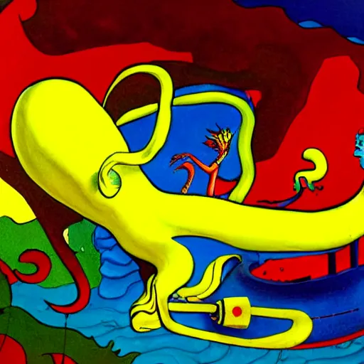 Image similar to A giant squid holding a yellow submarine, artist is Dr Seuss, vivid colors, kinetic, action shot,