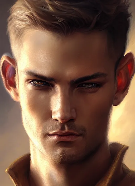 Image similar to a _ fantasy _ style _ portrait _ painting _ of light brown male short hair chiseled face big ears, rpg dnd oil _ painting _ unreal _ 5 _ daz. _ rpg _ portrait _ extremely _ detailed _ artgerm _ greg _ rutkowski _ greg