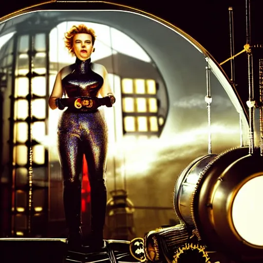 Image similar to scarlett johansson in a space age metallic steampunk steam - powered city with pipework and electrical wiring around the outside, professional photography, 8 0 mm telephoto lens, realistic, detailed, photorealistic, photojournalism
