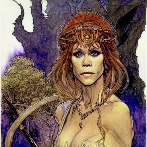 Prompt: a realistic and atmospheric watercolour fantasy character concept art portrait of jane fonda as a druidic warrior wizard looking at the camera with an intelligent gaze by rebecca guay, michael kaluta, charles vess and jean moebius giraud