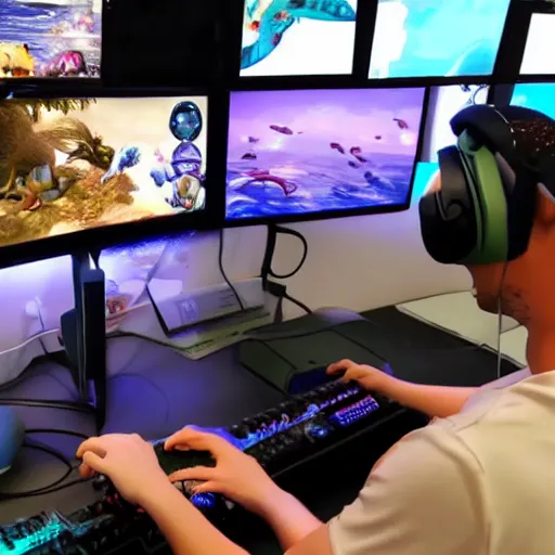 Prompt: A dolphin Twitch streaming playing video games on a computer