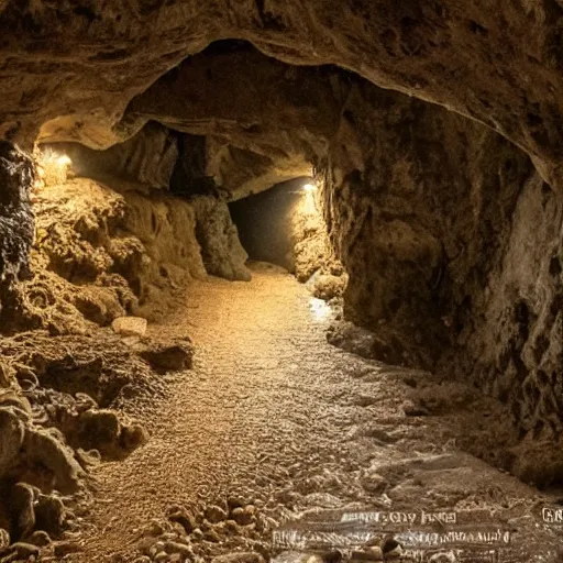 Prompt: a medieval pilgrimage on a dirt road in a gigantic cavern deep underground, dark