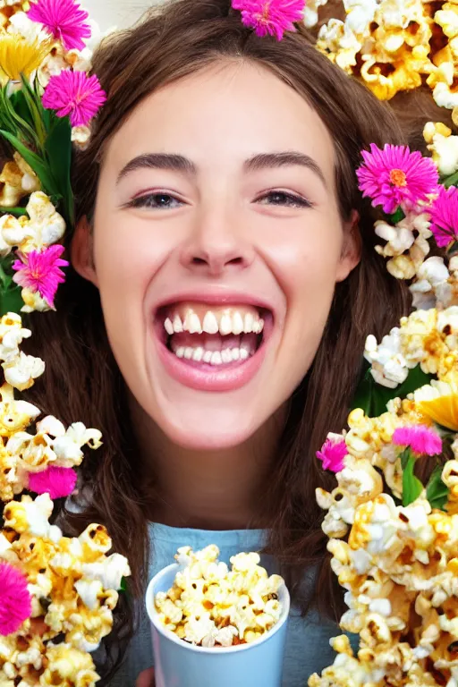 Image similar to portrait of a happy girl, lots of flowers and popcorn around, hyperrealistic, hightech