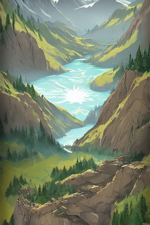 Image similar to mountaintop water flat illustration trending on artstation