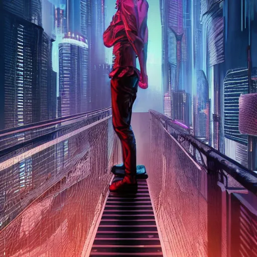 Image similar to A man standing on top of a bridge over a city, cyberpunk art by Vincent Lefevre, behance contest winner, altermodern, cityscape, synthwave, matte painting