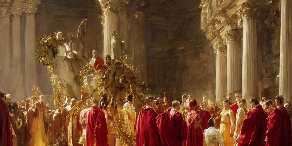 Image similar to beautiful oil painting, steve buscemi in royal crimson robes enthroned as the god emperor of ancient rome surrounded by servants in gilded halls a golden wreath upon his head, by anders zorn, wonderful masterpiece by greg rutkowski, beautiful cinematic light, american romanticism, by thomas lawrence, greg rutkowski