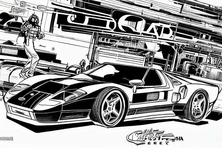 Prompt: ford gt 9 0 ( 1 9 9 5 ) concept car, a page from cyberpunk 2 0 2 0, style of paolo parente, style of mike jackson, adam smasher, johnny silverhand, 1 9 9 0 s comic book style, white background, ink drawing, black and white