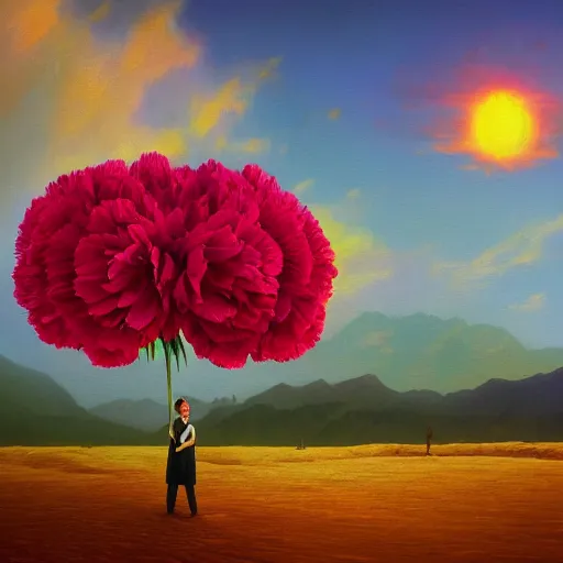 Image similar to giant carnation flower head girl, suit, desert, surreal photography, sunrise, dramatic light, impressionist painting, digital painting, artstation, simon stalenhag