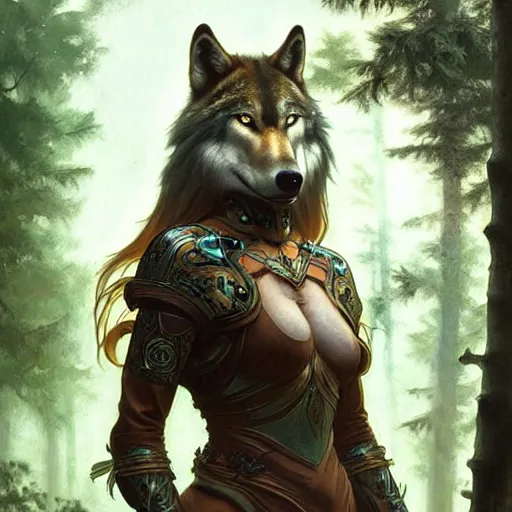 Image similar to long shot photo of a humanoid female she - wolf with wolf head were a heroic dress an armour in the forest, long hair, highly detailed, digital painting, artstation, smooth, sharp focus, illustration, art by artgerm and greg rutkowski and alphonse mucha