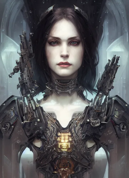 Image similar to portrait of beautiful pale gothic maiden, warhammer 40000, cyberpunk, intricate, elegant, highly detailed, digital painting, artstation, concept art, smooth, sharp focus, illustration, art by artgerm and greg rutkowski and alphonse mucha