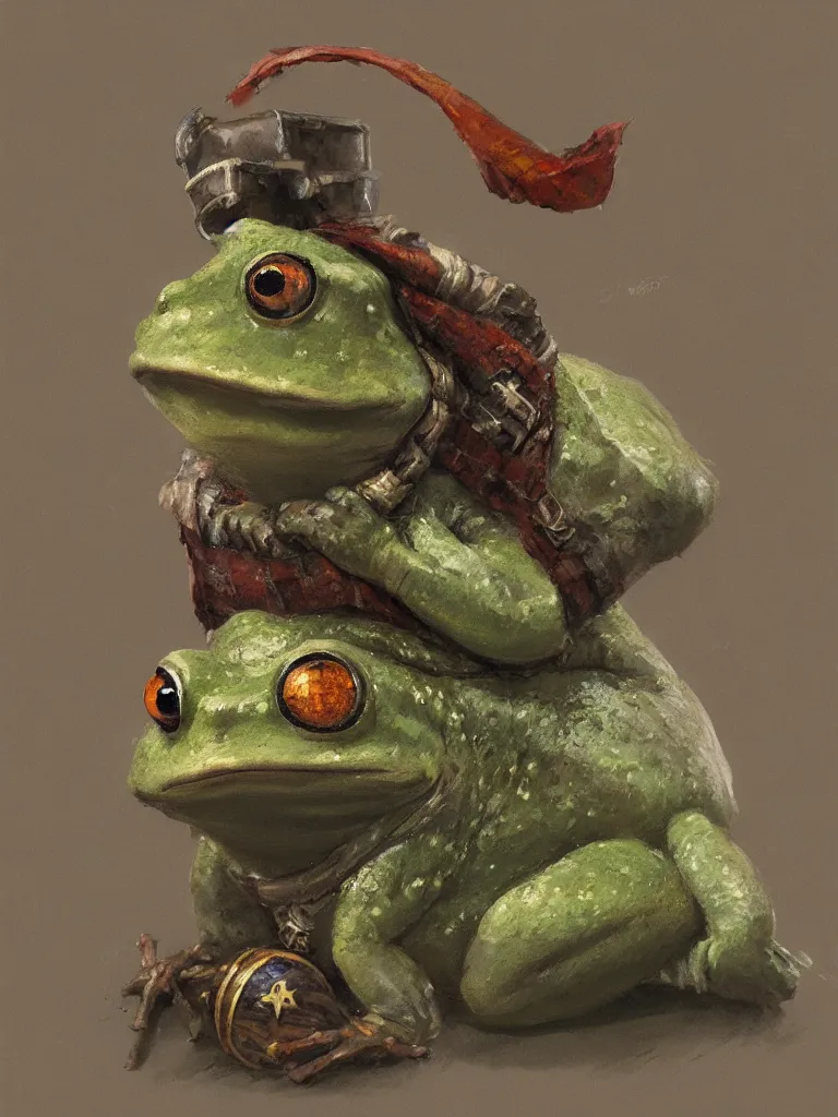 Prompt: Portrait of a medieval humanoid frog dressed like a wizard and carrying magic trinkets, painted by Craig Mullins, trending on ArtStation