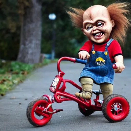 Image similar to cute screaming chucky doll riding a tricycle
