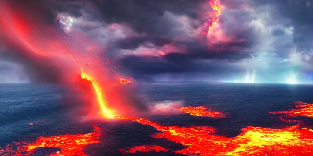 Image similar to dark storm clouds pouring jets of bright lava into the sea below, out at sea, huge swelling iridescent waves, 8k photorealistic, dramatic lighting, chiaroscuro