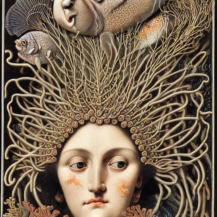 Image similar to realistic detailed face portrait of the goddess of the fish of the three times with an intricate headdress of corals, sea kelp, sea plants, fish, jellyfish, art by ernst haeckel, archimboldo, face in focus, neo - gothic, gothic,