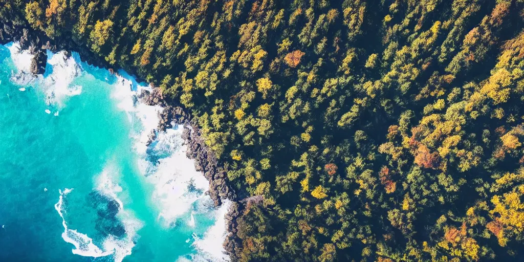 Image similar to nature landscape, aerial view, drone photography, cinematic, mountains and ocean