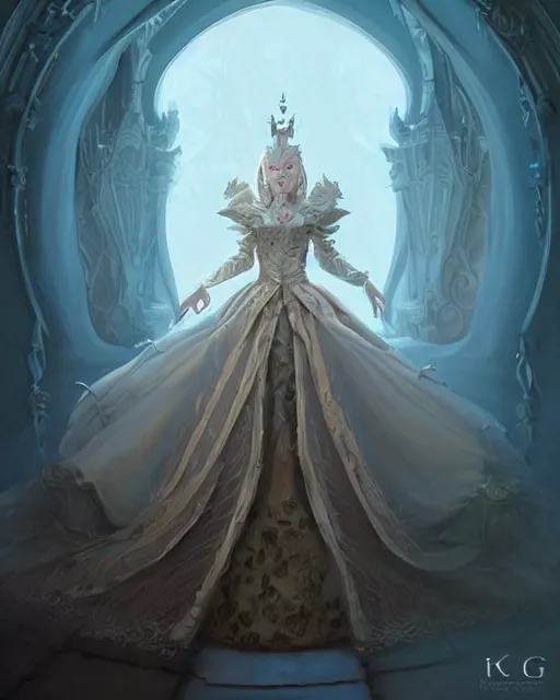 Prompt: portrait of a baroque princess dress from the fantasy world for the dragon queen atey gaylan, wonderful eyes, greg rutkowski, greg tocchini, james gillard, joe fenton, kete butcher, dynamic lighting, gradient light blue, brown, light cream and white colors, grunge aesthetics, detailed and complex environment