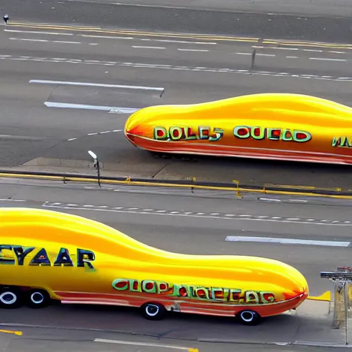 Prompt: a helicopter shot of the Oscar Meyer wienermobile in a high-speed police chase