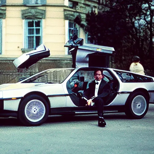 Prompt: hg wells sitting in a delorean time machine cinematic dramatic 3 5 mm 8 k