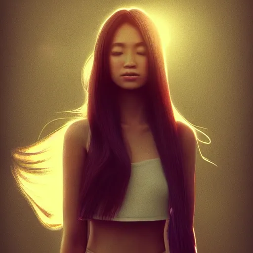 Image similar to a thin, pretty young Filipino woman with long hair floats in a dreamy world, her face in shadow, long shot, very beautiful, inspiring, dramatic lighting, abstract digital art, trending on artstation