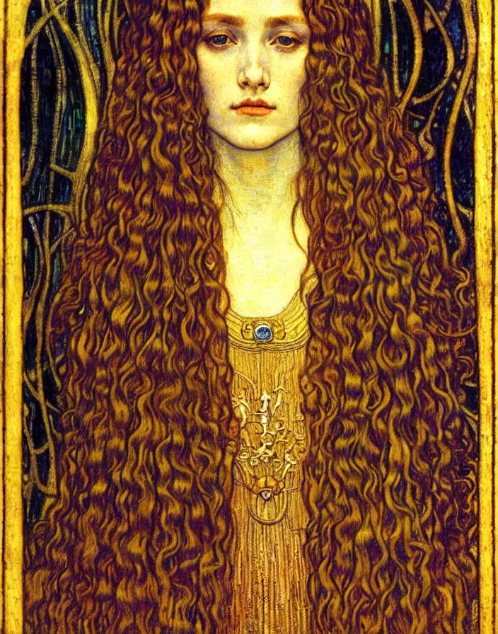 Image similar to detailed realistic beautiful young medieval queen face portrait by jean delville, gustav klimt and vincent van gogh, art nouveau, symbolist, visionary, gothic, pre - raphaelite, muted earthy colors, desaturated