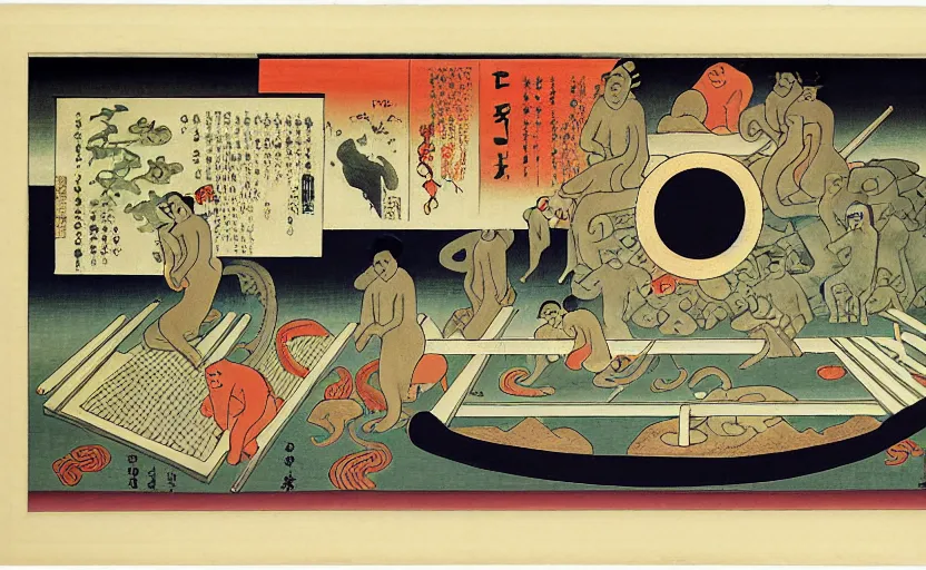 Image similar to business dashboard with time series charts, pie plots and other modern graphics, with small creatures swimming on it. diego rivera ( in ukiyo - e style ). ravi supa. cat