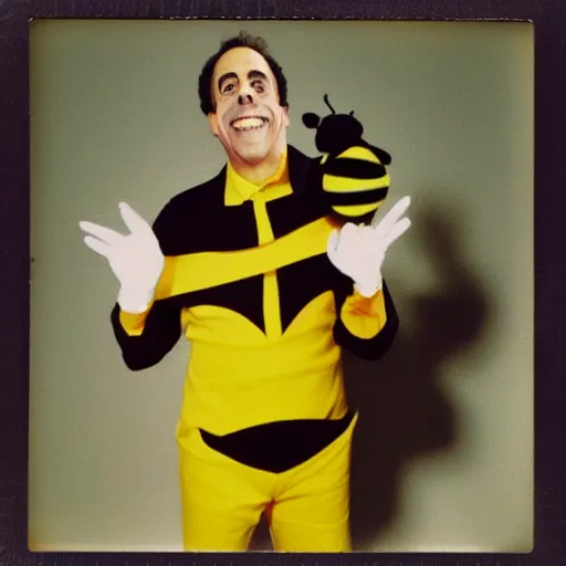 Image similar to jerry seinfeld dressed as a bee, halloween party, polaroid