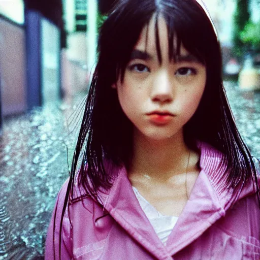 Image similar to 1990s perfect 8K HD professional cinematic photo of close-up japanese schoolgirl posing in sci-fi dystopian alleyway at morning during rain, at instagram, Behance, Adobe Lightroom, with instagram filters, depth of field, taken with polaroid kodak portra