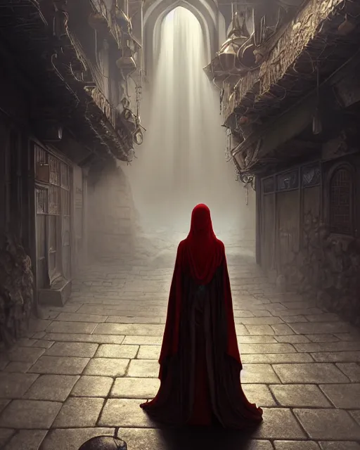 Image similar to cloaked woman, portrait, dirty alley, fantasy city, made of white stone and bright gold, built on the side of a volcano, gondor, misty, red gold color palette, medieval city, metropolis, gorgeous clouds, god rays, fantasy art, octane render, ureal engine, high detail, alphonse mucha, greg rutkowski, james gurney, johannes voss