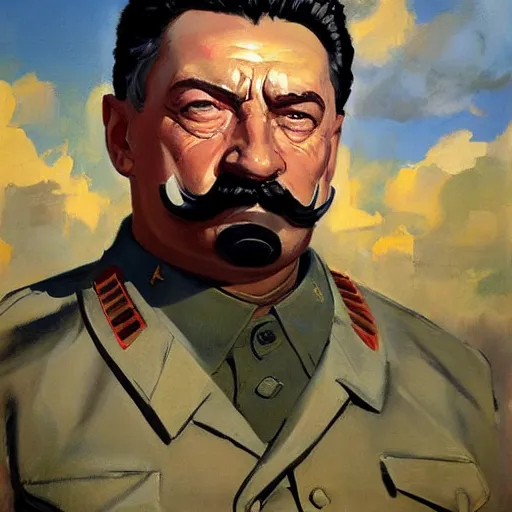 Image similar to greg manchess portrait painting of stalin as t - 8 0 0 terminator, medium shot, asymmetrical, profile picture, organic painting, sunny day, matte painting, bold shapes, hard edges, street art, trending on artstation, by huang guangjian and gil elvgren and sachin teng