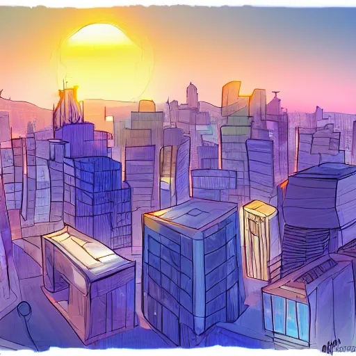 Prompt: sunrise over a city, digital art, inspired by glen keane