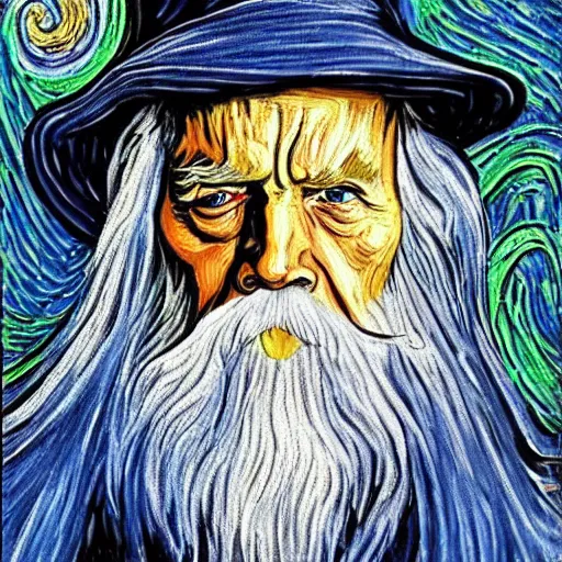 Prompt: A painting of Gandalf the Grey, painting, van gogh art style