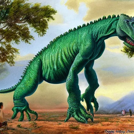 Prompt: eggroll iguanodon, eggroll dinosaur, iguanodon made of eggroll, painting by james gurney