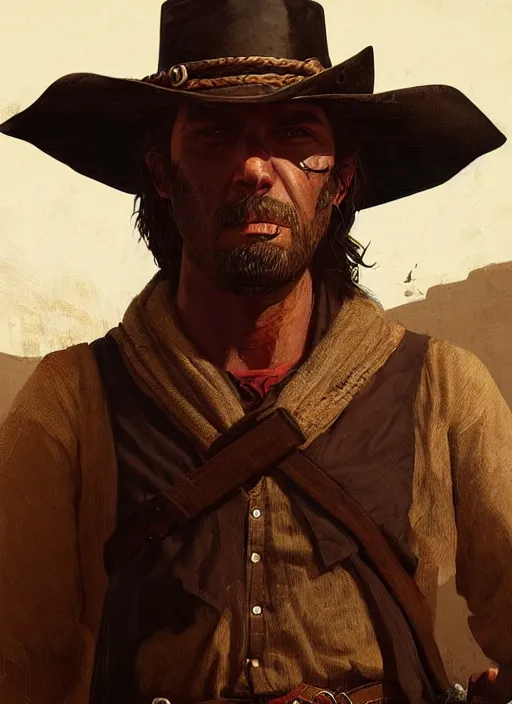 Image similar to highly detailed portrait of man with a horse nose wearing a cowboy hat, determined. red dead redemption art, unreal engine, fantasy art by greg rutkowski