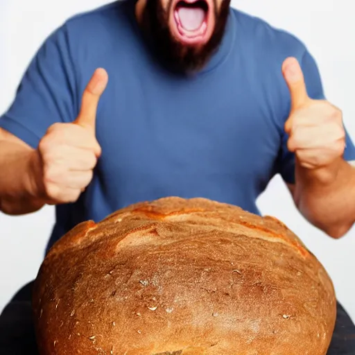 Prompt: man angrily shouting at a loaf of bread, 4 k