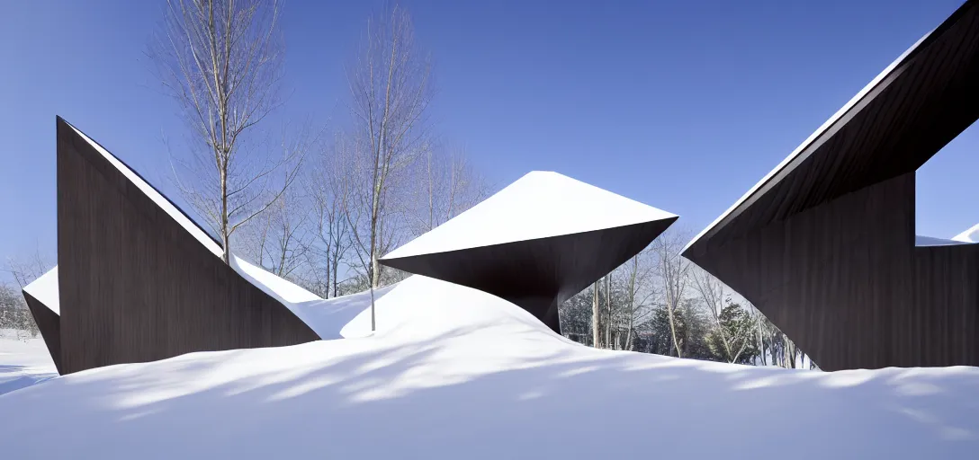 Prompt: faceted roof planes lift and descend creating shade and architectural expression, highly detailed, situated in snow, vivid color