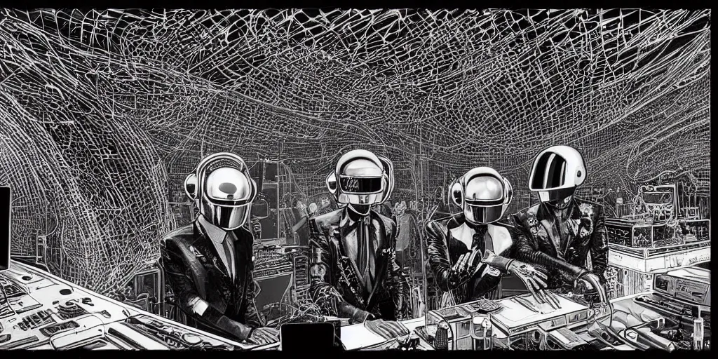 Prompt: intricate detailed artwork of 2 Daft Punk robot rock using a Macbook at an underground warehouse rave in Ibiza, playing techno house music, thousands of beautiful girls in bikini dancing, in the style of Moebius, wires, speakers, black and white ink, some ink drips, sharp details