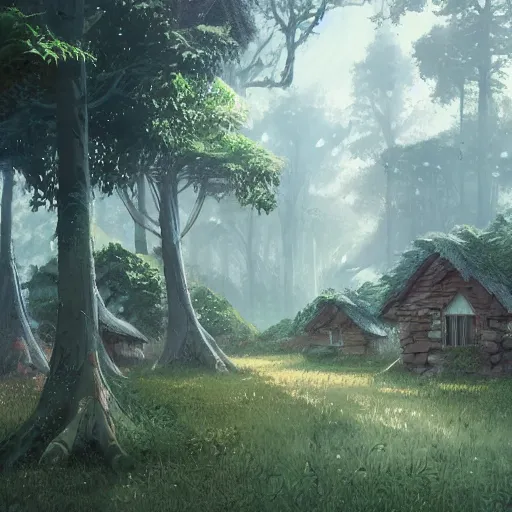 Image similar to concept art painting of a forest with houses made of trees and roots, houses inside trees, vines, deep forest, realistic, detailed, cel shaded, in the style of makoto shinkai and greg rutkowski and james gurney