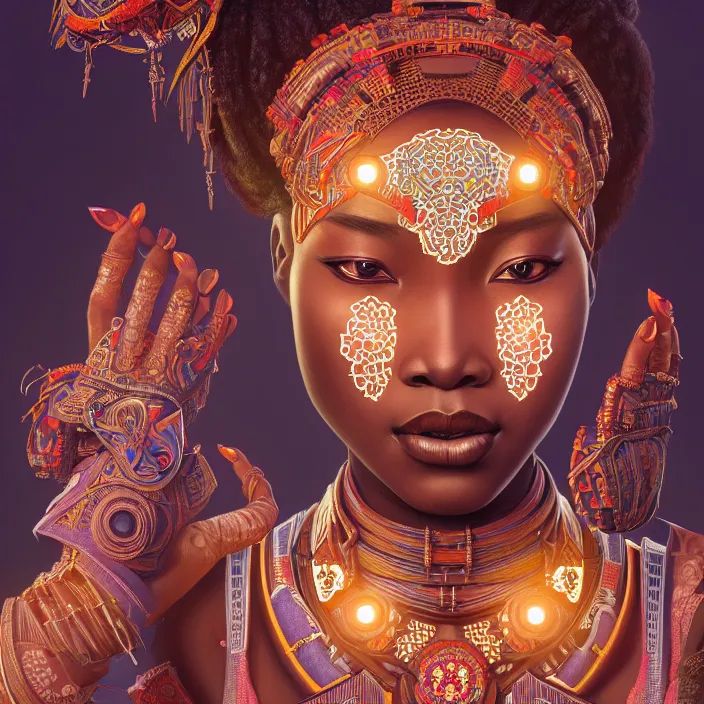 Image similar to symmetry! portrait of a hybrid african woman, face decorated with chinese opera motifs, leds horizon zero dawn machine, intricate, elegant, highly detailed, digital painting, artstation, concept art, smooth, sharp focus, illustration, art by artgerm and greg rutkowski and alphonse mucha, 8 k