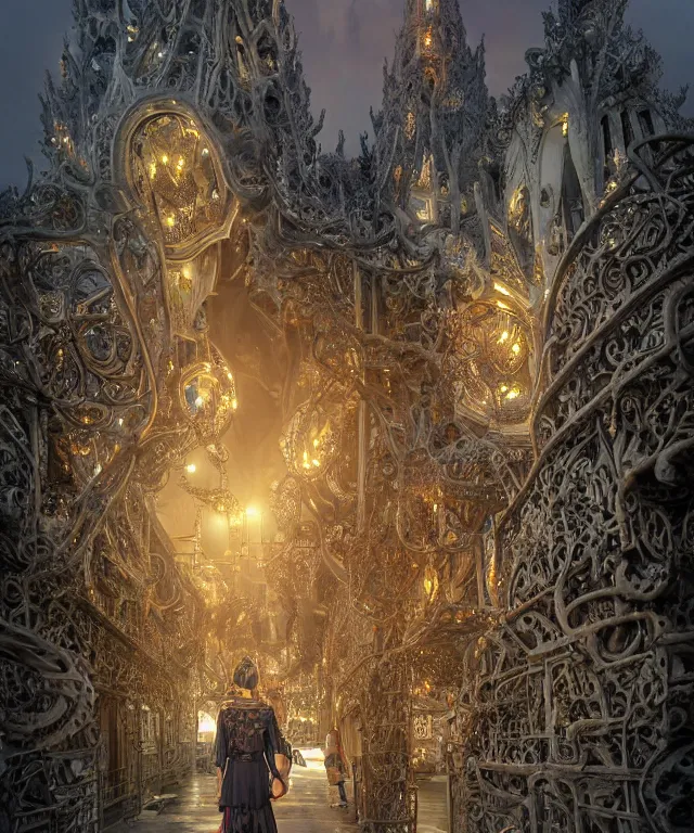 Image similar to a streeet view of wat rong khun by charlie bowater and art germ, rule of thirds, golden ratio, art nouveau! cyberpunk! style, mechanical accents!, mecha plate armor, glowing leds, flowing wires with leaves, art nouveau accents, art nouveau patterns and geometry, rich deep moody colors