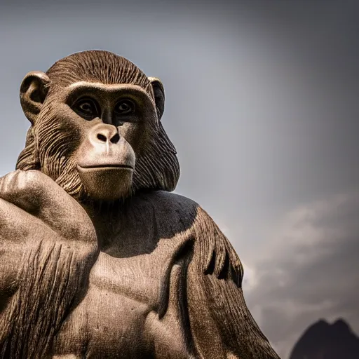 Image similar to high quality portrait of a monkey in front of Christ The Redeemer Statue, studio photograph, photograph, realistic photo, 8k photo, 4k photo, stock photo, high resolution, cinematic shot, high detail