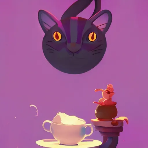 Image similar to cheshire cat drinking tea, in the style of atey ghailan and james gilleard and goro fujita, exquisite lighting, art, very coherent, trending on artstation