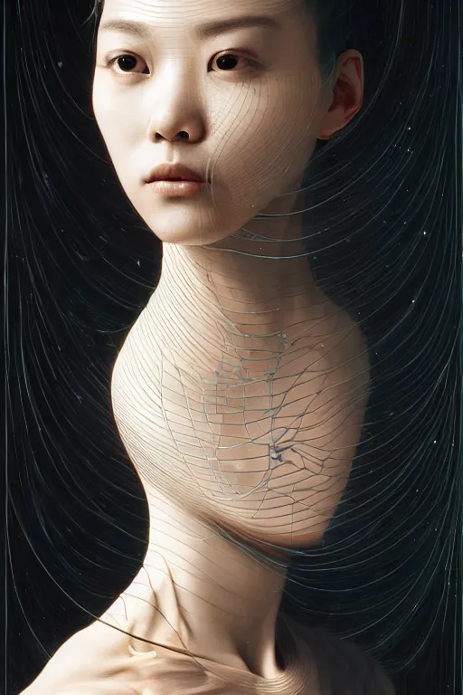Image similar to portrait futuristic of hoyeon jung as airforce girl, inside future fighter, sci - fi, fantasy, intricate, very very beautiful, elegant, human anatomy, neon strip light, highly detailed, concept art, smooth, sharp focus, illustration, art by dino valls and nicola samori and james jean