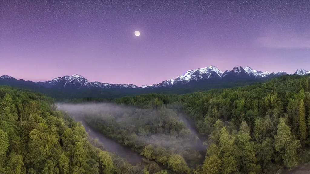 Prompt: Panoramic photo where the mountains are towering over the valley below their peaks shrouded in mist. The moon is just peeking over the horizon and the purple sky is covered with stars and clouds. The river is winding its way through the valley and the trees are light blue.