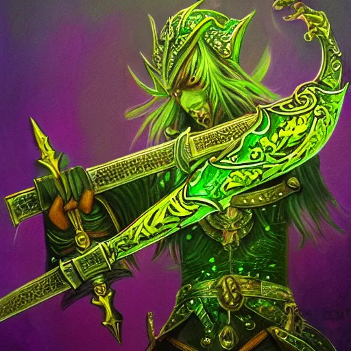 Image similar to Oil painting concept art of a magical acid sword glowing bright green, very intricate hilt, green color scheme, highly detailed concept art.