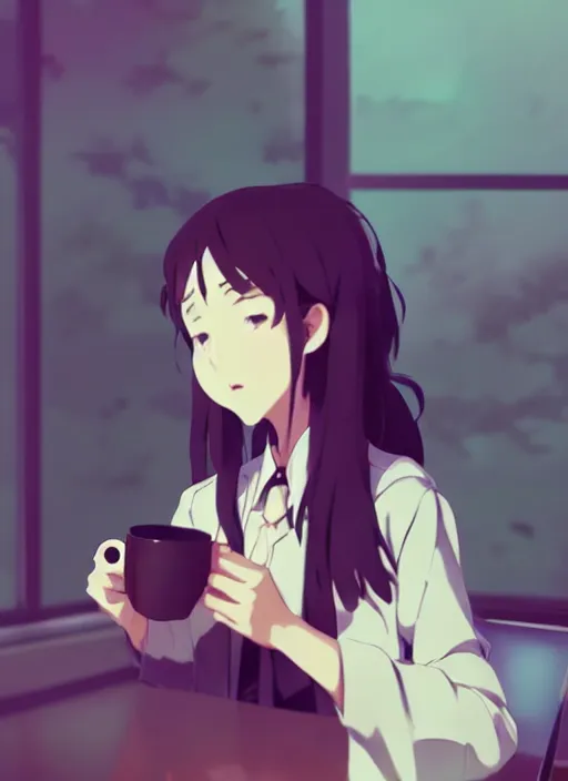 Image similar to girl with a cup of coffee in the office, illustration concept art anime key visual trending pixiv fanbox by wlop and greg rutkowski and makoto shinkai and studio ghibli