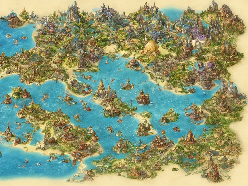 Image similar to an isometric disney fantasy map of a continent bordered by ocean by brian froud