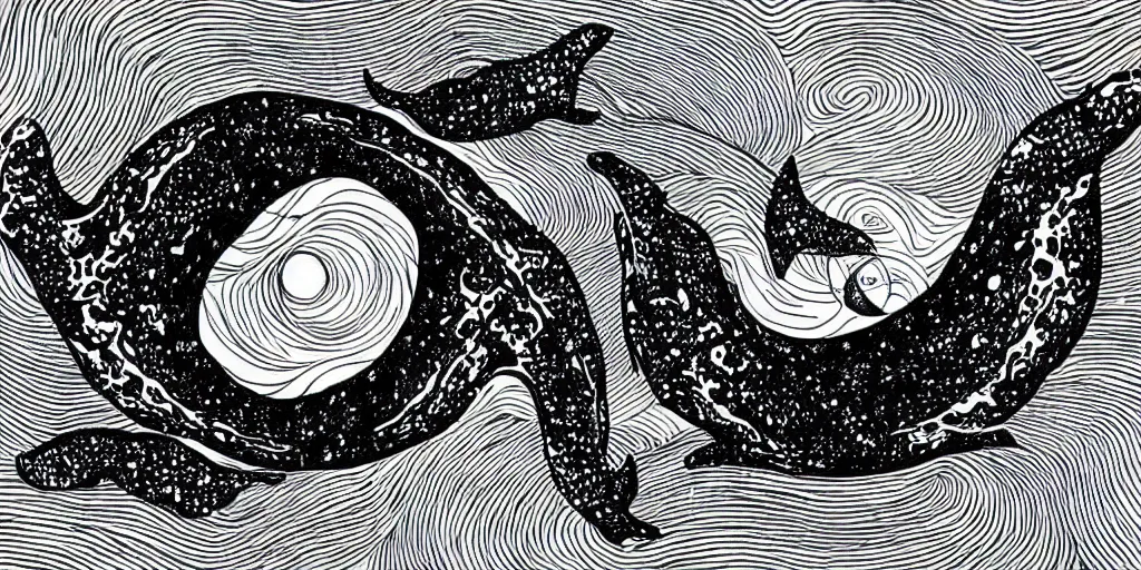 Prompt: realistic scene of whales as ying yang, golden, delicate, hyper realism, 1 4 5 0, ink, ultra realistic, 8 k