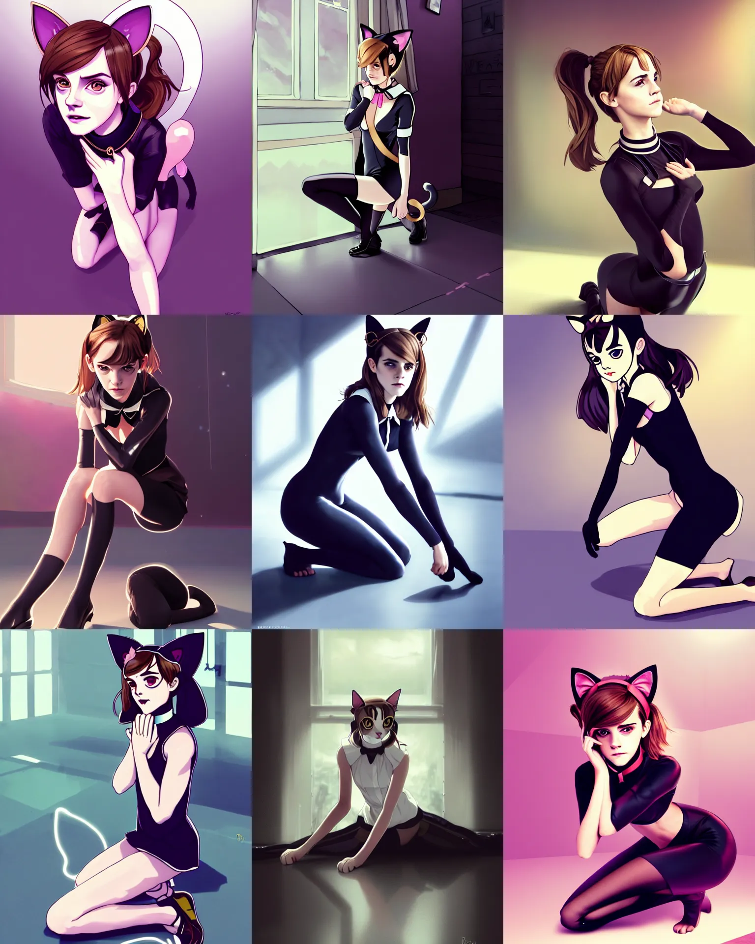 Prompt: attractive Emma Watson as cat girl wearing collar , kneeling! , cat ears , collar , solo photoshoot , DSLR , wallpaper , hourglass slim figure , close up , shiny clothes , submissive , kneeling and looking up , details, sharp focus , kneeling at the shiny floor , illustration , by Jordan Grimmer and greg rutkowski , photo by robert mapplethorpe and Craig Morey , cosplay , cinematic 4K blu-ray , Trending artstation , digital Art, hyper realism