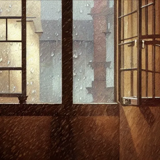 Image similar to A day inside when it is rainy, rainy window, warm colors, sepia, by Greg Rutkowski and studio ghibli